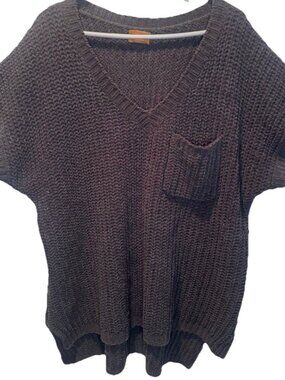 POL Green Oversized‎ Chenille Chunky Knit Short Sleeve Pocket V Neck Sweater L